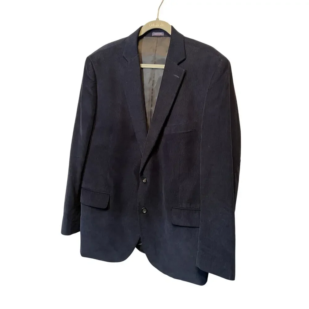 Stafford Signature Mens Blazer 46R Corduroy Sport Coat Blue Cotton Elbow Patch